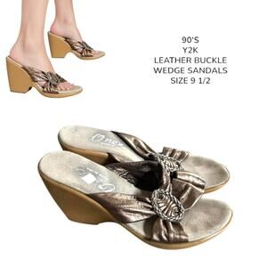 90's y2k vtg. bronze leather embellished wedge ONEX sandals‎ heels size 9 1/2.